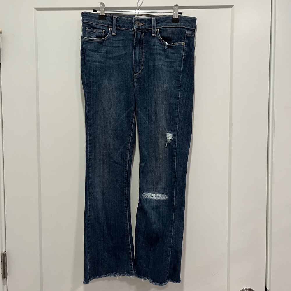 PAIGE High Rise Bell Canyon Flare Jeans Dark Wash Distressed Raw Hem Size 30